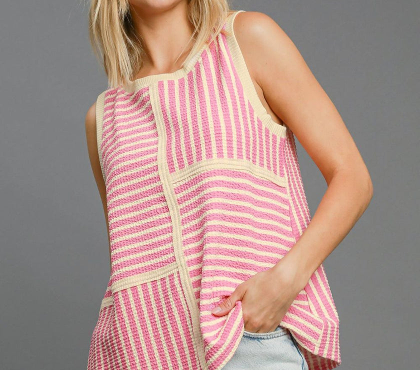 Umgee Round Neck Texture Striped Tank