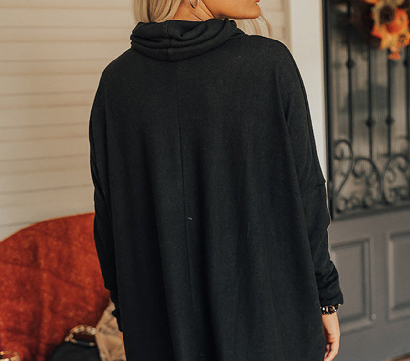 Side Slit High-Low Cowl Neck Long Sleeve Blouse