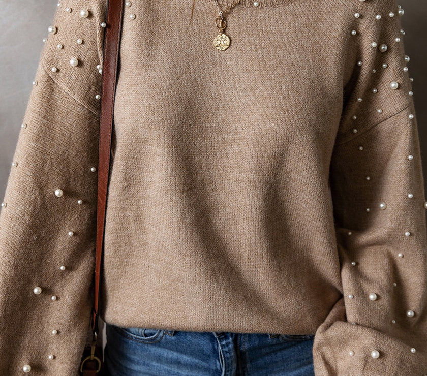 Pearl Detail Round Neck Long Sleeve Sweater