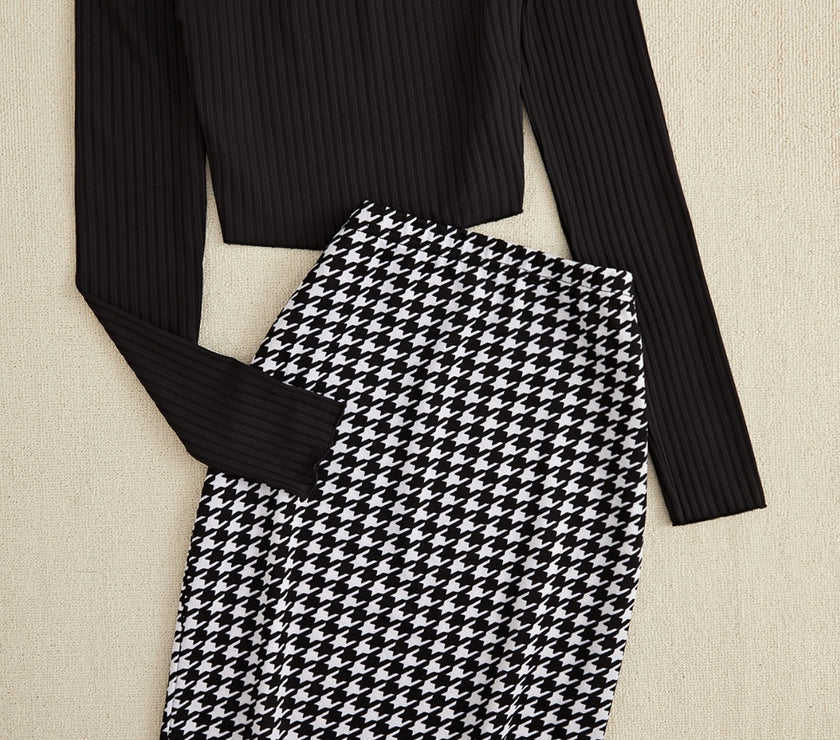 Off-Shoulder Long Sleeve Top and Houndstooth Skirt Set