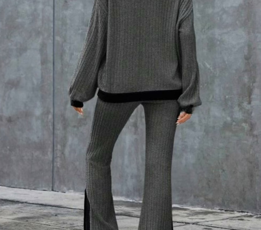 Contrast Round Neck Long Sleeve Top and Bootcut Pants Set