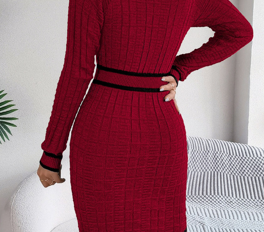 Contrast Trim Long Sleeve Sweater Dress
