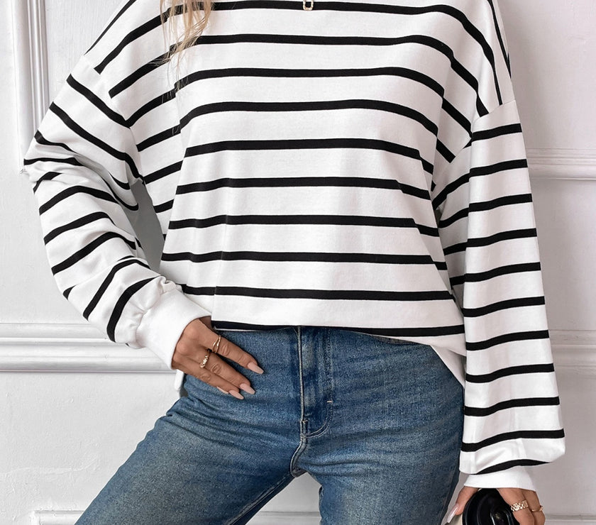 Lovelet Striped Round Neck Long Sleeve Sweatshirt