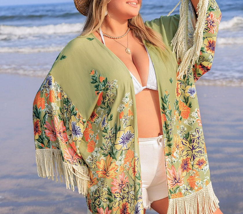 Plus Size Fringe Open Front Cover-Up