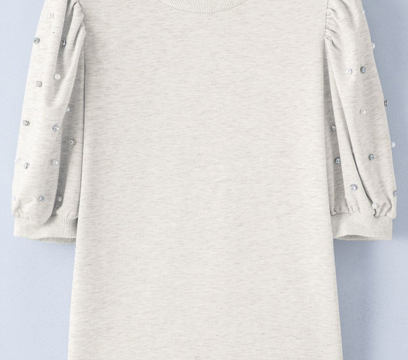Rhinestone Pearl Detail Round Neck Puff Sleeve Top