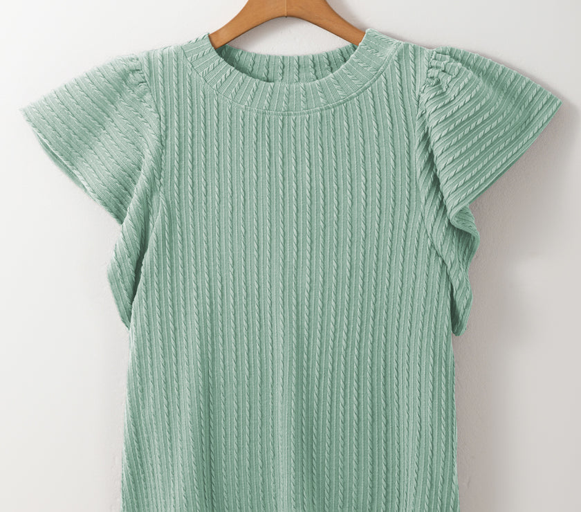 Textured Round Neck Flounce Sleeve Blouse