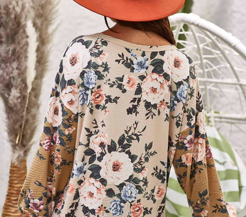 BiBi Floral Jacquard Color Block Top