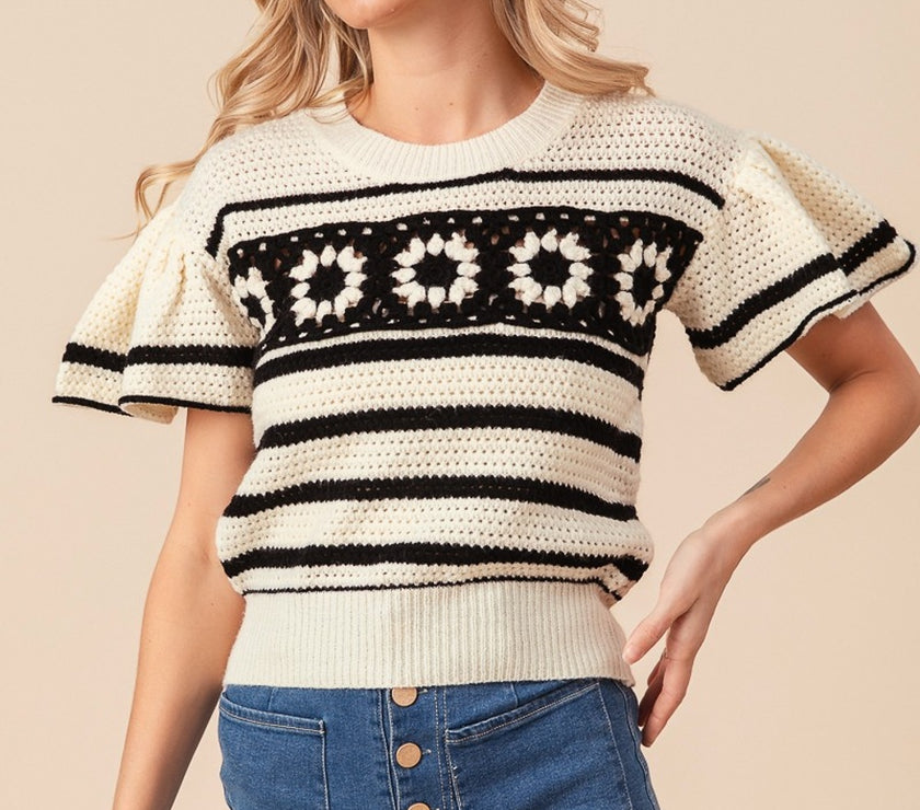 BiBi Granny Square Short Sleeve Striped Sweater