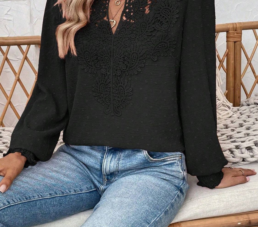 Swiss Dot Lace Detail Notched Long Sleeve Blouse
