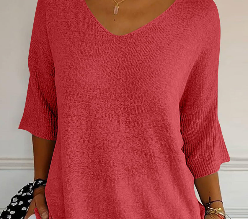 V-Neck Three-Quarter Sleeve Knit Top