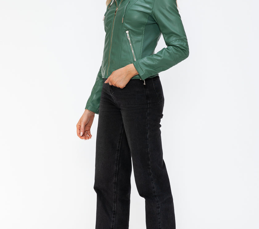 Snobbish Faux Leather Zip Up Drawstring Hooded Jacket