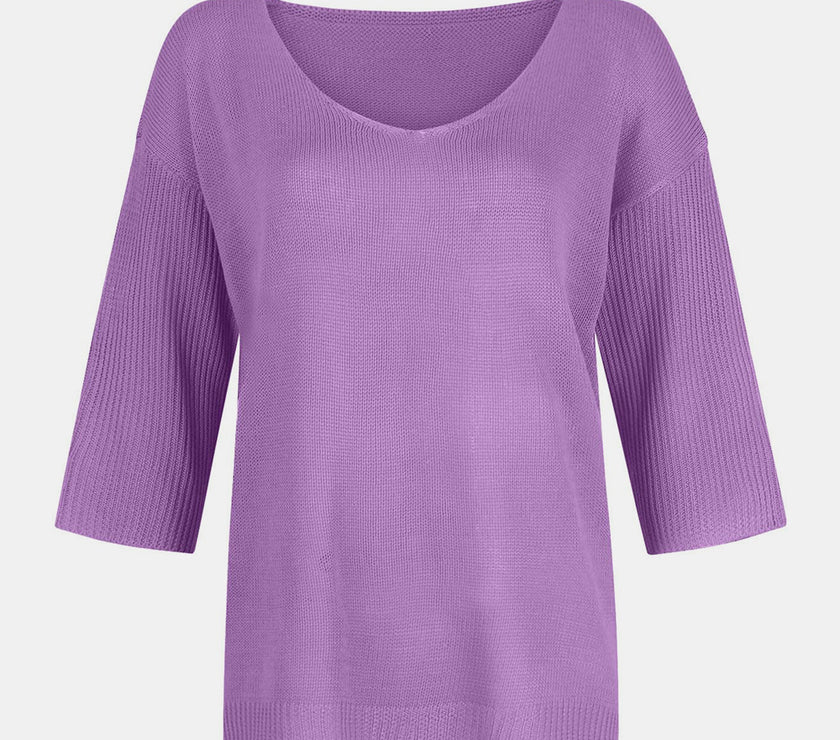 V-Neck Three-Quarter Sleeve Knit Top