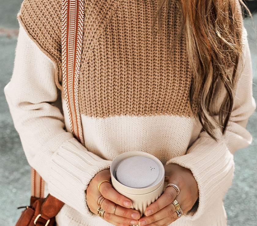 Slit Color Block Turtleneck Long Sleeve Sweater