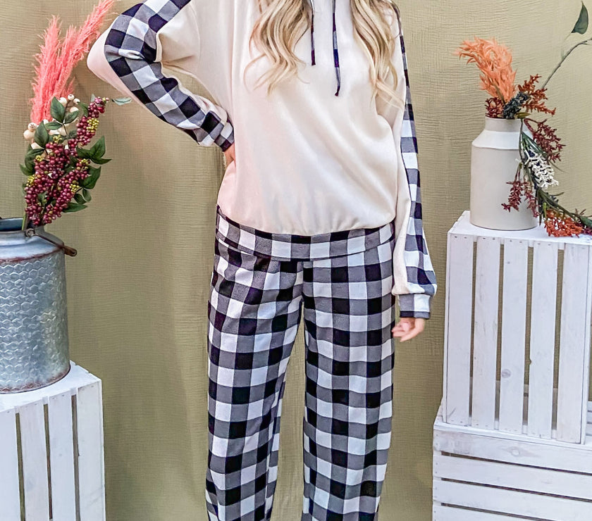 And The Why Drawstring Hooded Top and Plaid Pants Lounge Set