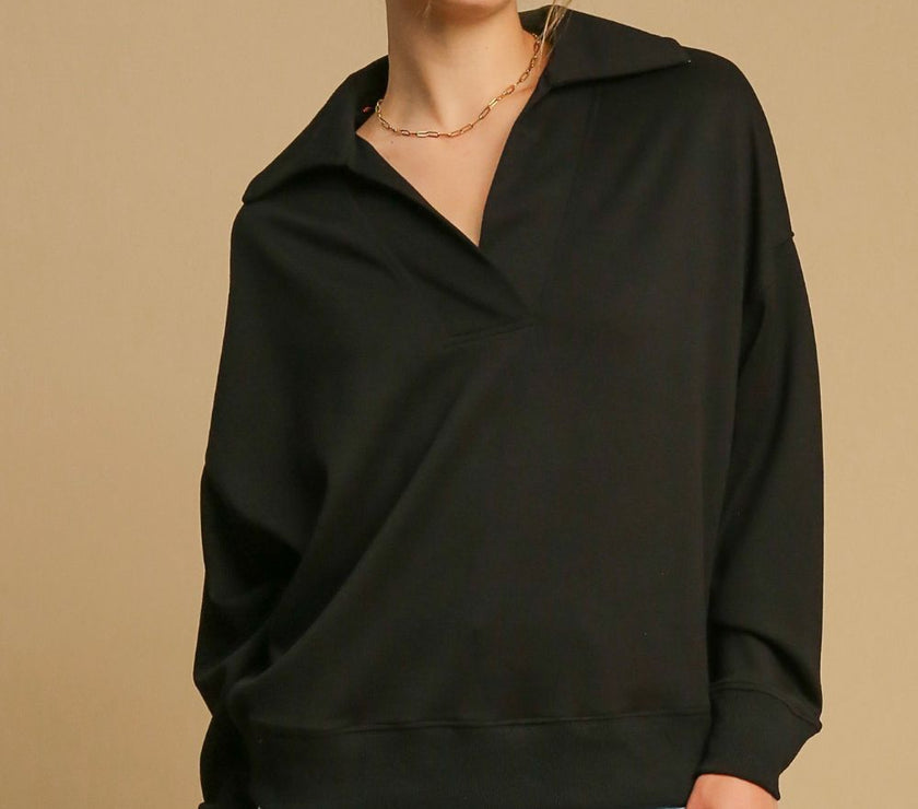 Umgee Johnny Collar Dropped Shoulder Sweatshirt