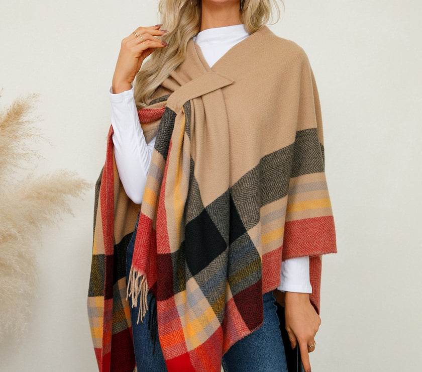 Fringe Contrast Plaid Poncho