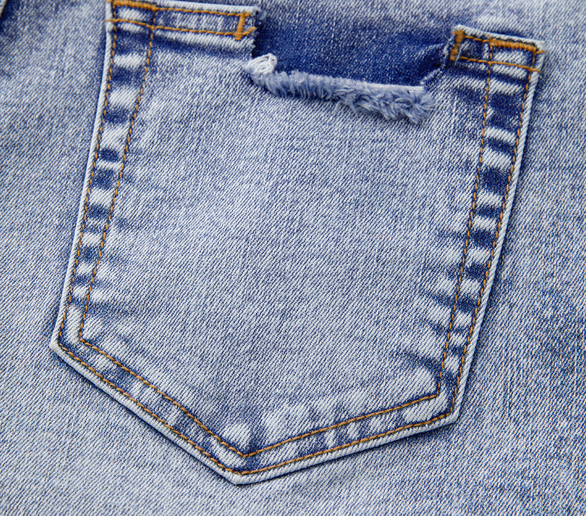 Beau Blue Pearl Studded Pockets Raw Hem Denim Shorts