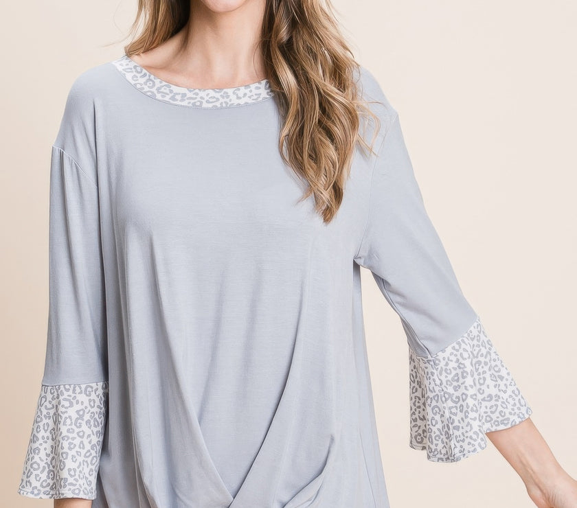 Animal Print Contrast Bell Sleeves Fashion Top With Gathered Front Hem