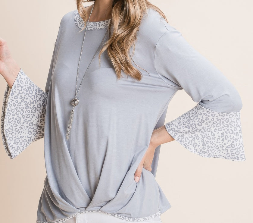 Animal Print Contrast Bell Sleeves Fashion Top With Gathered Front Hem