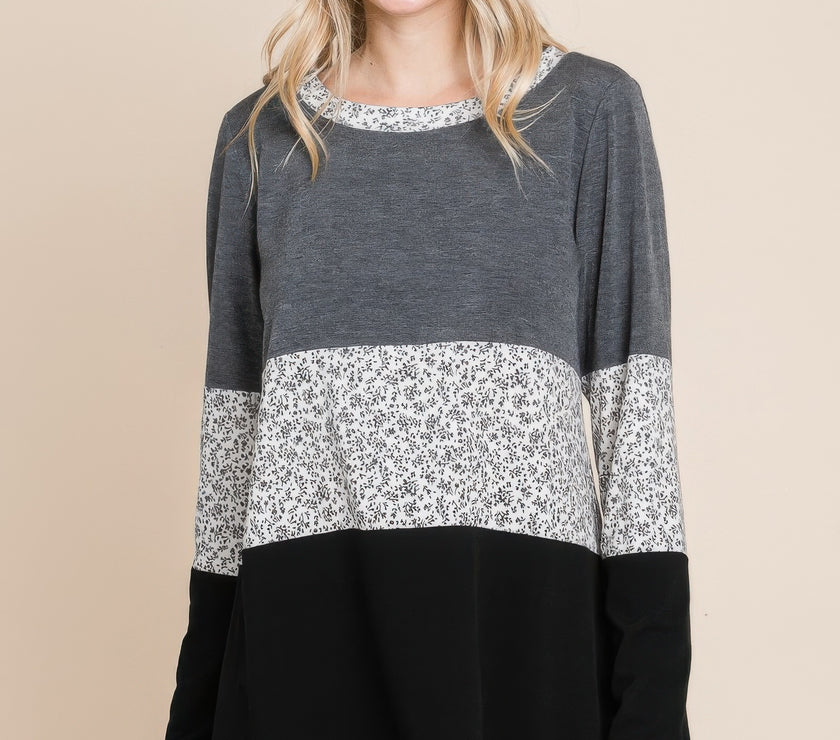 Colorblock Floral Contrast Long Sleeve Top
