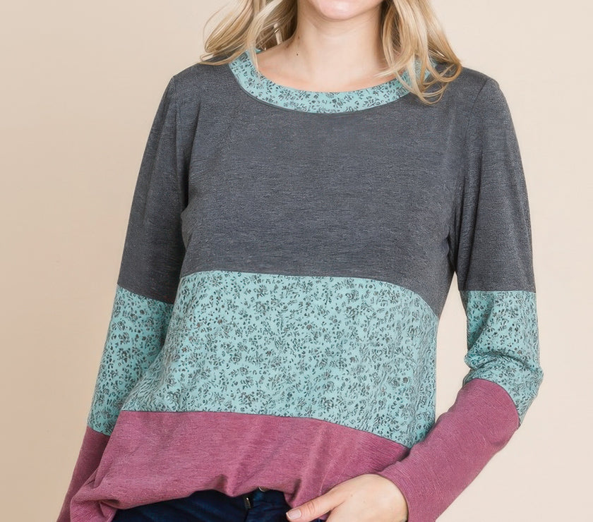 Colorblock Floral Contrast Long Sleeve Top