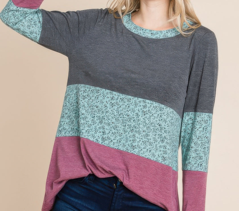 Colorblock Floral Contrast Long Sleeve Top