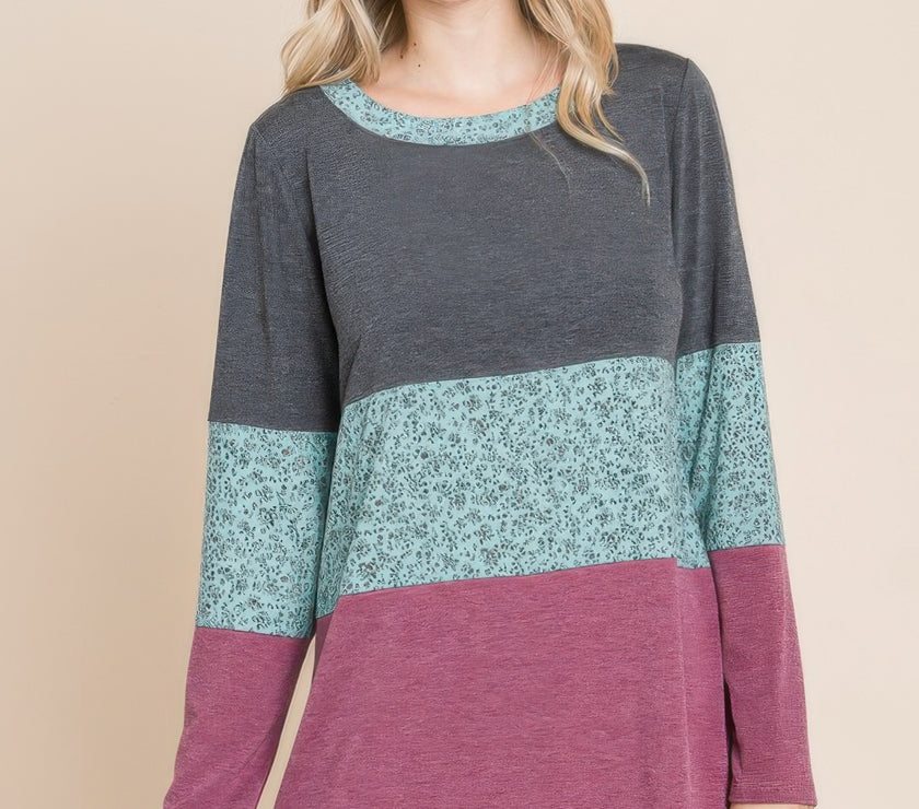 Colorblock Floral Contrast Long Sleeve Top