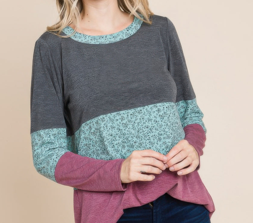 Colorblock Floral Contrast Long Sleeve Top