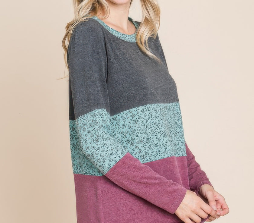 Colorblock Floral Contrast Long Sleeve Top