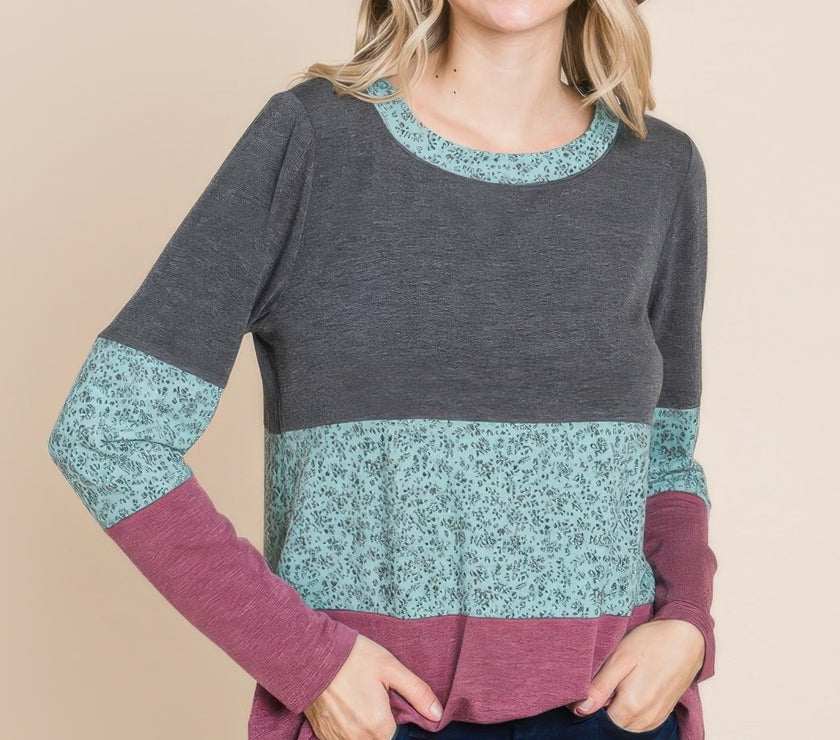 Colorblock Floral Contrast Long Sleeve Top