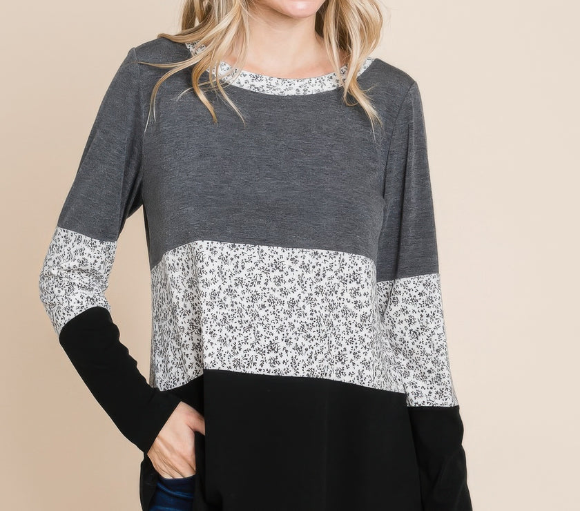 Colorblock Floral Contrast Long Sleeve Top