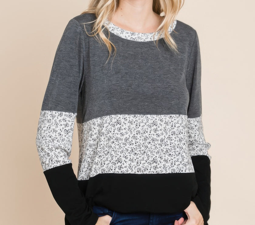 Colorblock Floral Contrast Long Sleeve Top