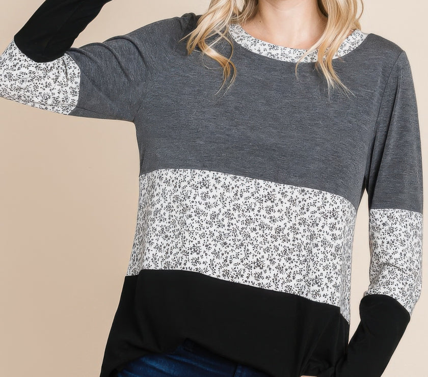 Colorblock Floral Contrast Long Sleeve Top