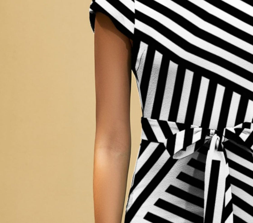 FAM-FAM Tied Striped Round Neck Cap Sleeve Dress