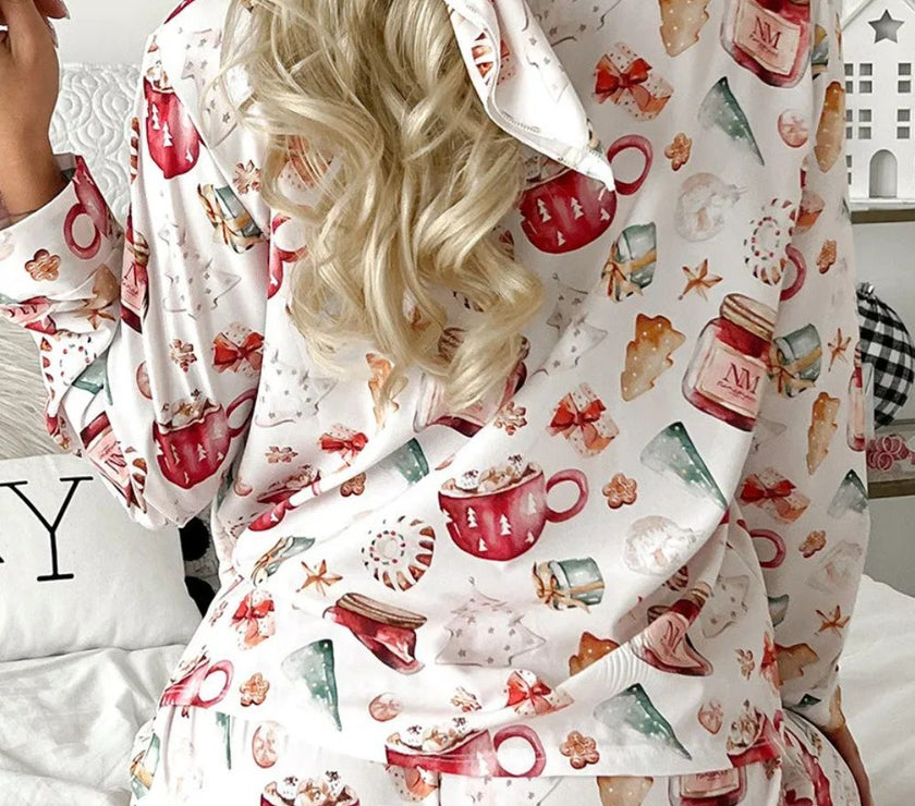 Printed Collared Neck Top and Pants Lounge Set