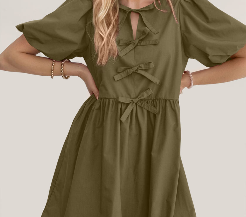 Oh Bow Ruched Puff Sleeve Mini Dress