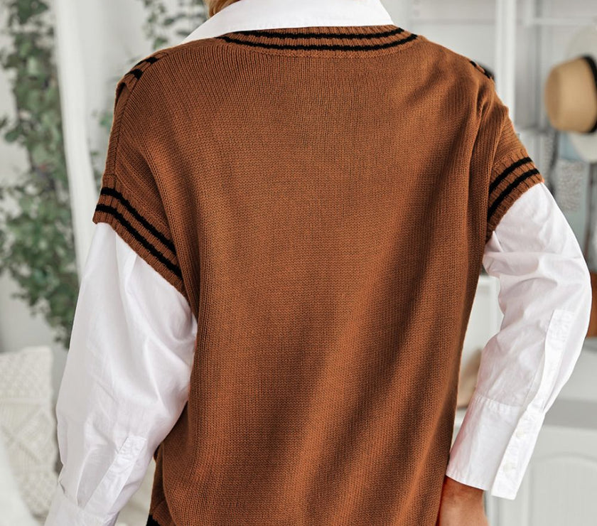 Striped Trim V-Neck Sweater Vest