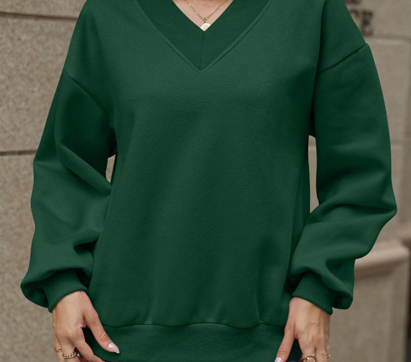 V-Neck Long Sleeve Dropped Shoulder Sweatshirt