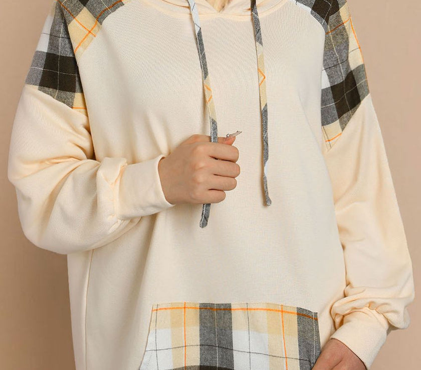 Drawstring Plaid Long Sleeve Hoodie