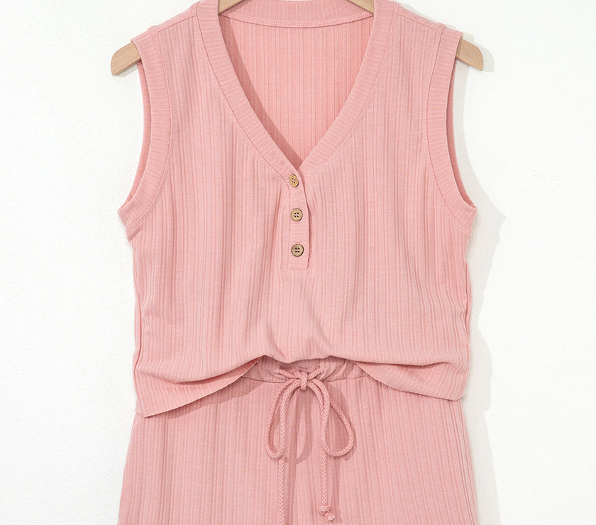Gossamer Pink Ribbed Button V Neck Tank Top and Shorts Set
