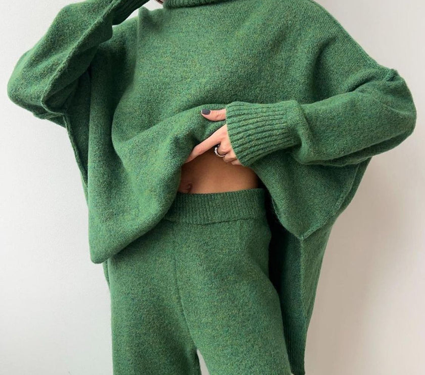 Slit Turtleneck Long Sleeve Top and Pants Sweater Set