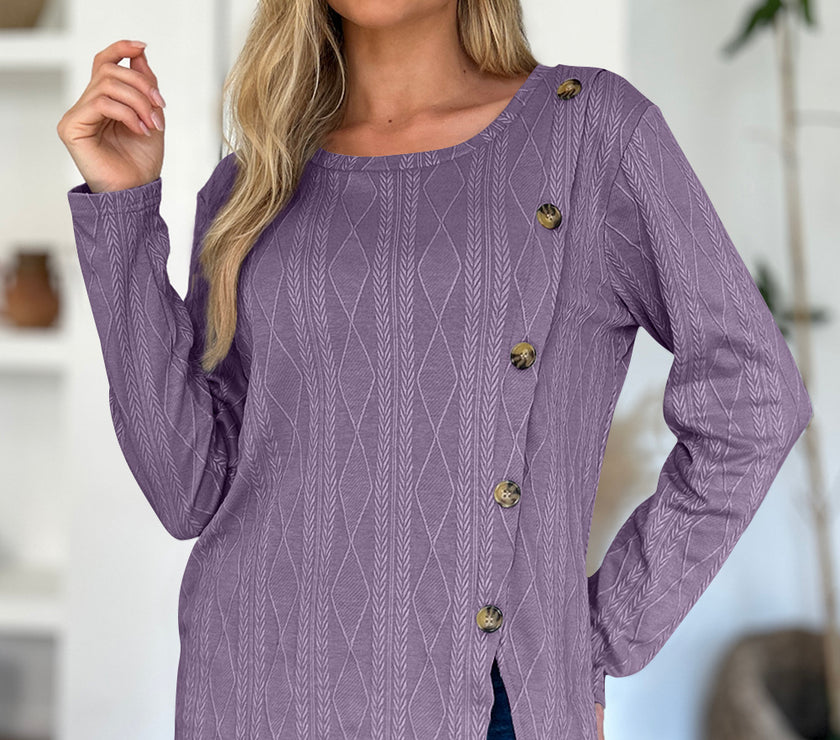 FAM-FAM Slit Round Neck Long Sleeve T-Shirt