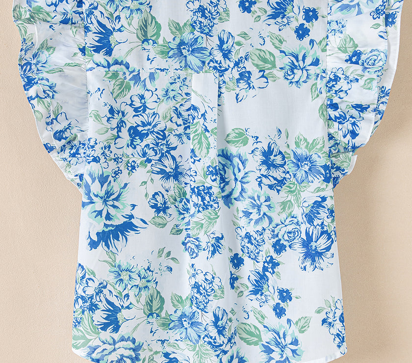 Sky Blue Floral Print Ruffle Sleeve Frilly Button Up Shirt