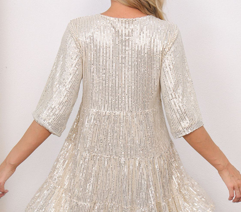 Sequin Round Neck Half Sleeve Mini Dress