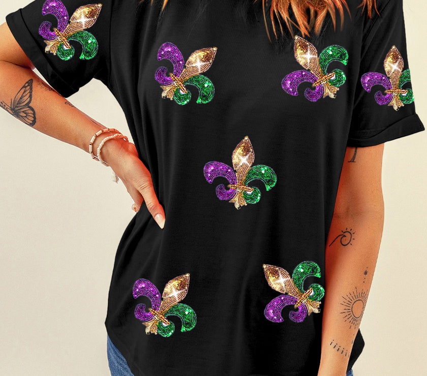 Black Mardi Gras Symbol Patched Crewneck T Shirt