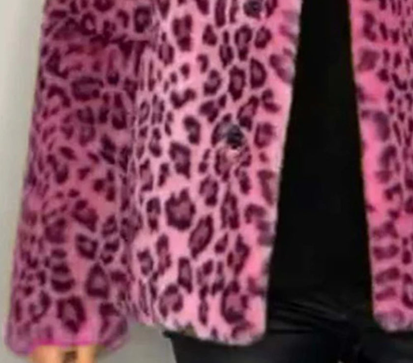 Full Size Leopard Furry Collared Neck Long Sleeve Coat
