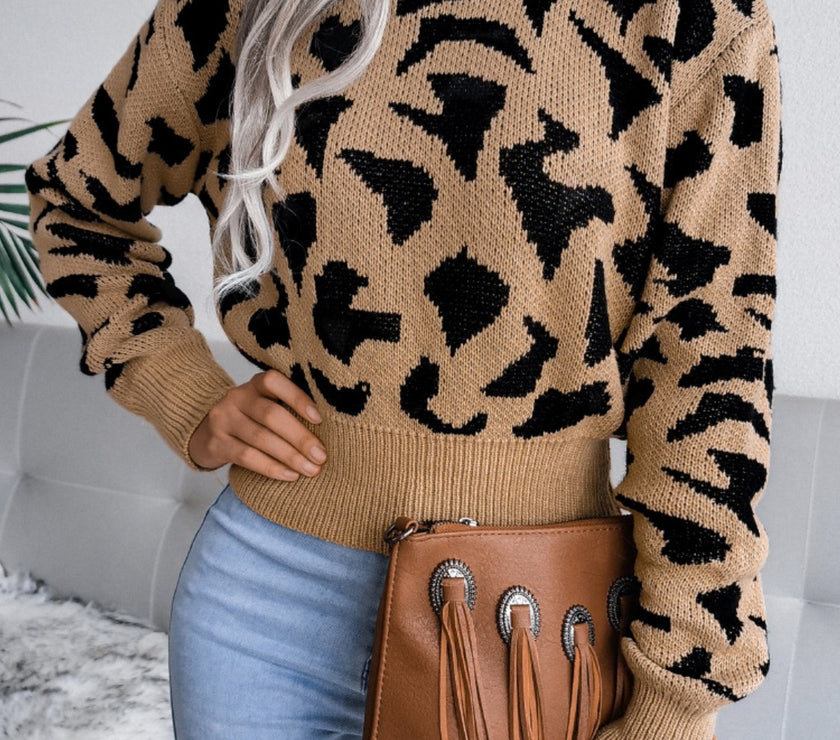 Leopard Round Neck Dropped Shoulder Sweater