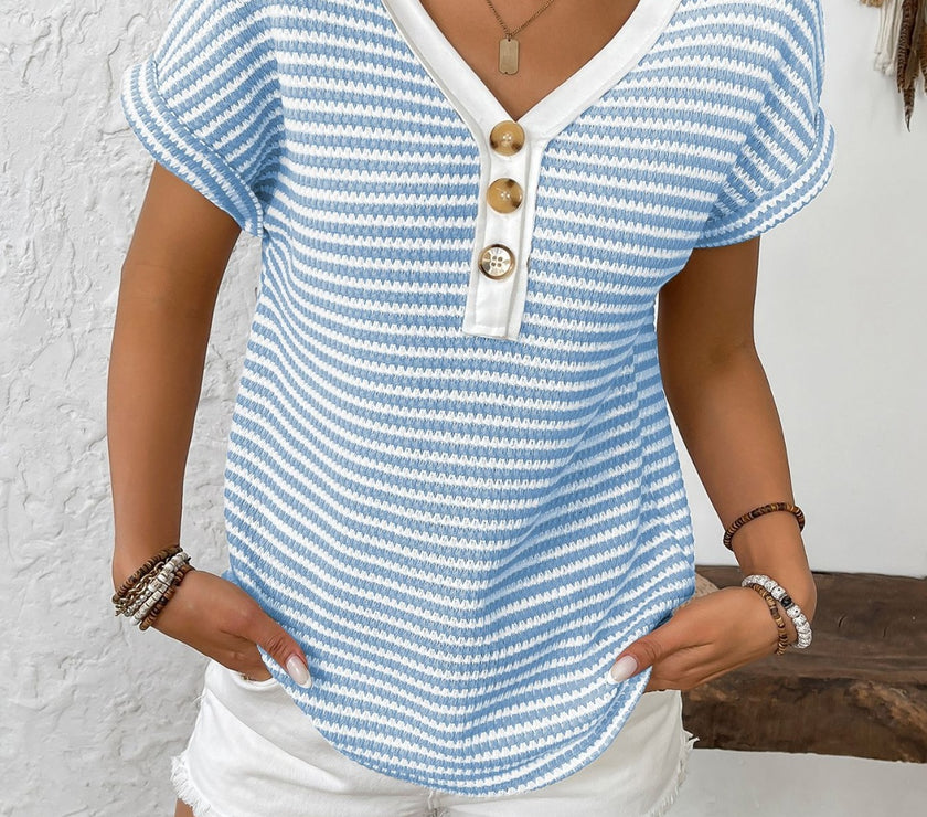 Striped V-Neck Short Sleeve T-Shirt