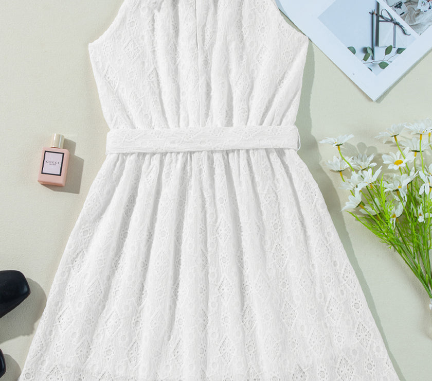 White Lace Sleeveless Knot Hollow Out Back Tied Waist Mini Dress
