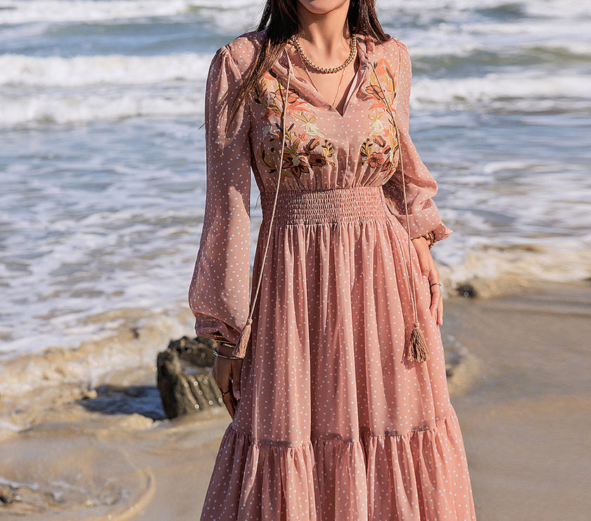 Embroidered Polka Dot Tie Neck Long Sleeve Midi Dress